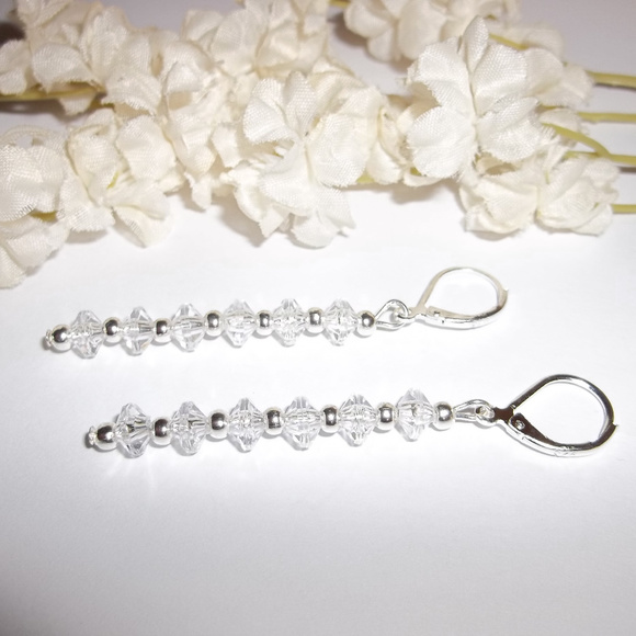 Long Earring Set Clear & Silver Beaded Drop Sleek Dangle Drop Gift Idea 4638 - Picture 6 of 7